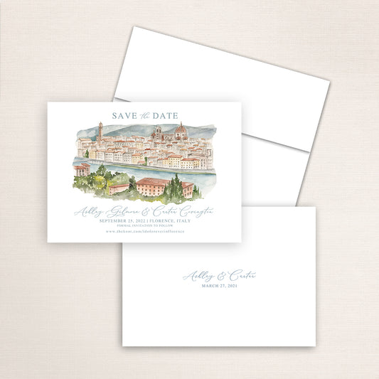 Custom watercolor Save the Date card featuring hand-painted illustration of Florence in Italy, personalized wedding stationery with elegant venue artwork.