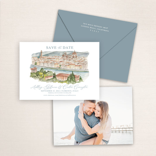 Custom watercolor Save the Date card featuring hand-painted illustration of Florence in Italy, personalized wedding stationery with elegant venue artwork with matching envelope.