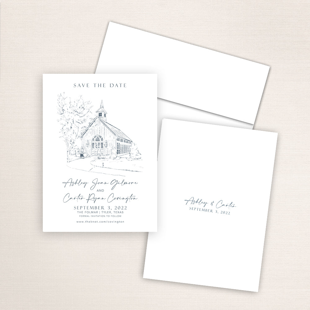Custom Sketch Save the Date card featuring hand-drawn venue illustration of the Folmar in Tyler, Texas, personalized wedding stationery with elegant venue artwork. 
