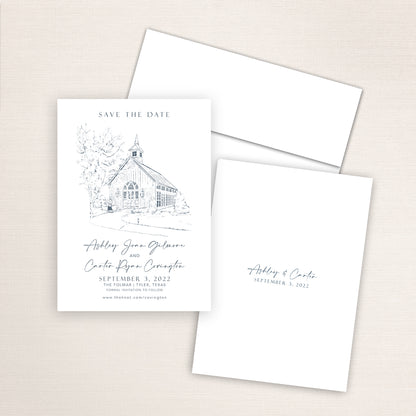 Custom Sketch Save the Date card featuring hand-drawn venue illustration of the Folmar in Tyler, Texas, personalized wedding stationery with elegant venue artwork. 