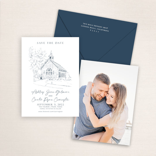 Custom Sketch Save the Date card featuring hand-drawn venue illustration of the Folmar in Tyler, Texas, personalized wedding stationery with elegant venue artwork with matching envelope.