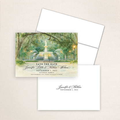 Forsyth Park Fountain save the date with hand-painted watercolor artwork of the Savannah fountain and oak canopy, refined wedding typography layout, coordinating envelope, and minimalist printed back with couple’s names and date.