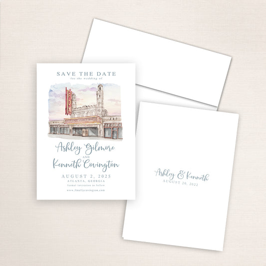Fox Theatre save the date with detailed watercolor artwork of the Atlanta landmark, refined wedding typography layout, white envelope, and minimalist printed back with couple’s names and wedding date.