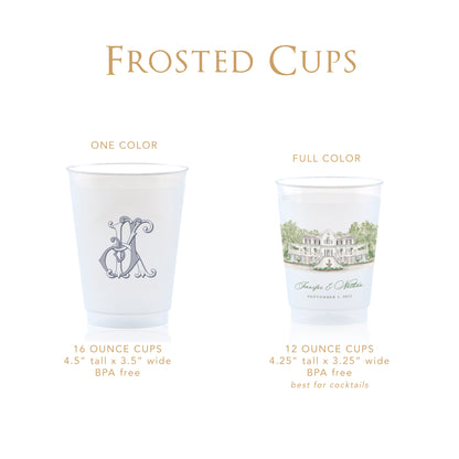 Personalized frosted wedding cups shown in two styles: a one-color monogram design on a 16oz cup and a full-color venue illustration with names and date on a 12oz cup, both BPA-free and ideal for wedding receptions and cocktails.