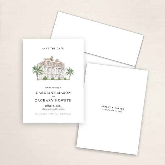 Custom watercolor Save the Date card featuring hand-painted illustration of Gadsden House in Charleston, North Carolina, personalized wedding stationery with elegant venue artwork.