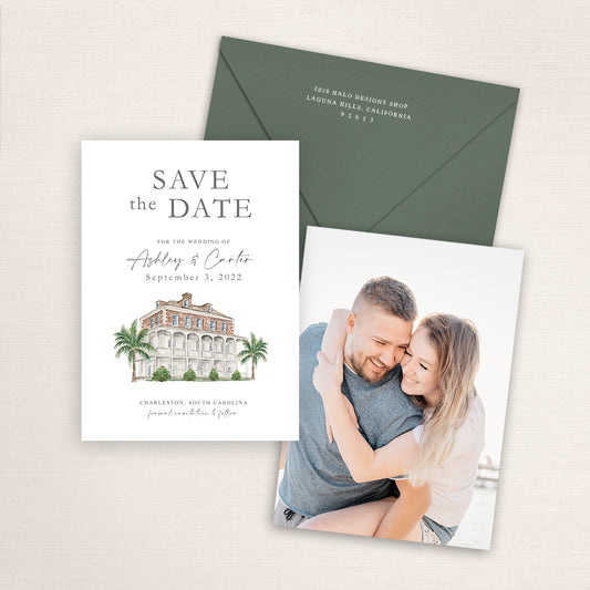 Custom watercolor Save the Date card featuring hand-painted illustration of Gadsden House in Charleston, North Carolina, personalized wedding stationery with elegant venue artwork with matching envelope.