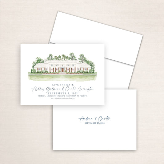 Custom watercolor Save the Date card featuring hand-painted illustration of Garrett Field in Slidell, Louisiana, personalized wedding stationery with elegant venue artwork.