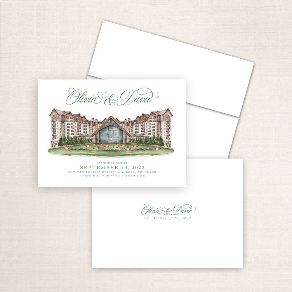 Gaylord Rockies Resort wedding save the date featuring detailed watercolor artwork of the Colorado resort facade, refined typography layout, white envelope, and minimalist printed back with names and date.