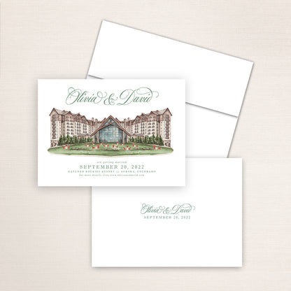 Gaylord Rockies Resort wedding save the date featuring detailed watercolor artwork of the Colorado resort facade, refined typography layout, white envelope, and minimalist printed back with names and date.