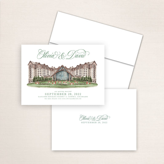 Gaylord Rockies Resort wedding save the date featuring detailed watercolor artwork of the Colorado resort facade, refined typography layout, white envelope, and minimalist printed back with names and date.