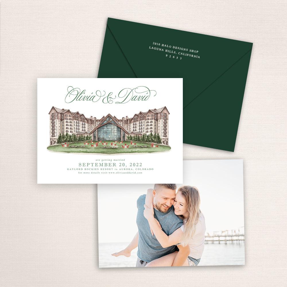 Gaylord Rockies Resort save the date with hand-painted watercolor illustration of the Aurora, Colorado lodge-style venue, green script names, coordinating envelope, and engagement photo on the back.