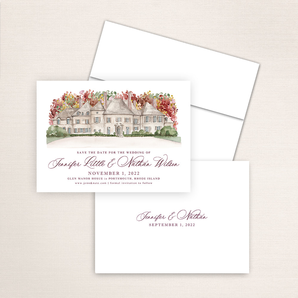 Watercolor painting of Glen Manor House featured on a save the date wedding card. 