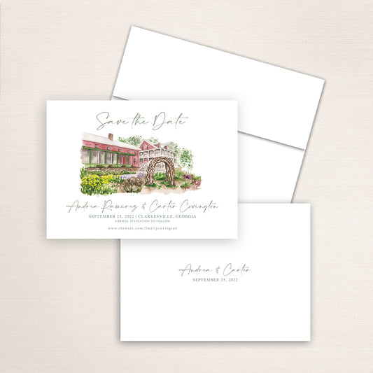 Custom watercolor Save the Date card featuring hand-painted illustration of Glen-Ella Springs Hotel and Restaurant in Clarkesville, Georgia, personalized wedding stationery with elegant venue artwork.