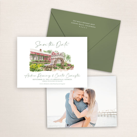 Custom watercolor Save the Date card featuring hand-painted illustration of Glen-Ella Springs Hotel and Restaurant in Clarkesville, Georgia, personalized wedding stationery with elegant venue artwork with matching envelope.