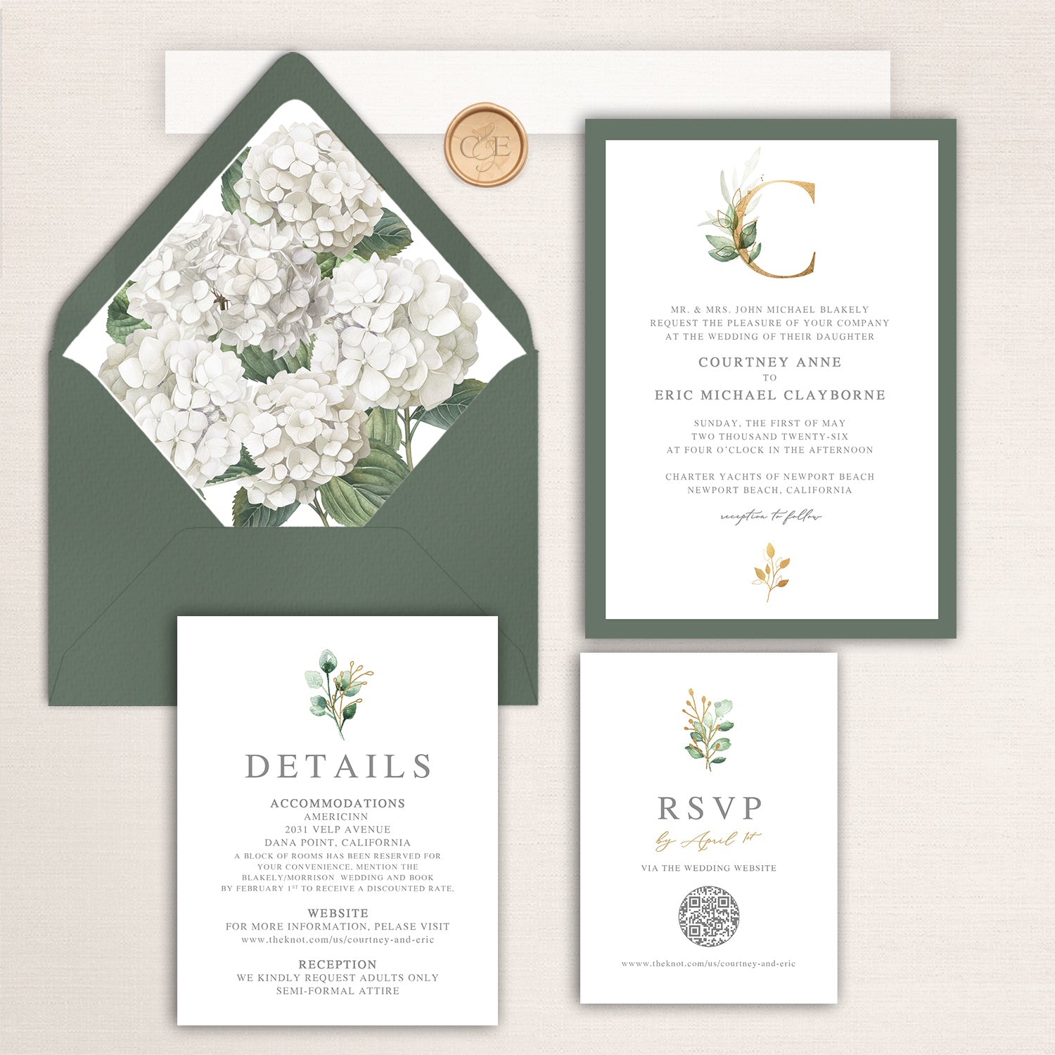 Sage green and gold wedding invitation suite with watercolor hydrangea envelope liner, monogram crest, and coordinating RSVP and detail cards for a refined botanical design.