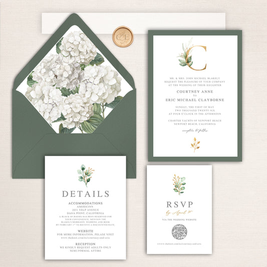 Sage green and gold wedding invitation suite with watercolor hydrangea envelope liner, monogram crest, and coordinating RSVP and detail cards for a refined botanical design.
