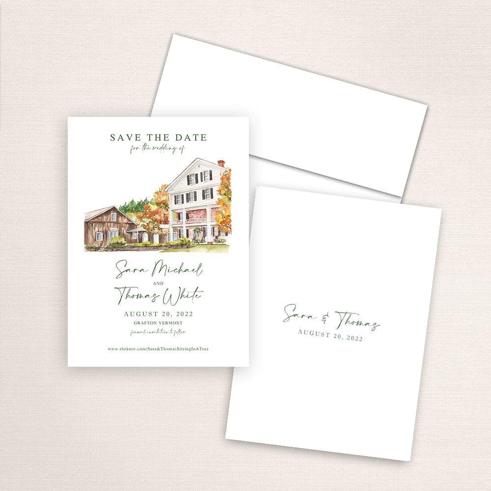 Custom watercolor Save the Date card featuring hand-painted illustration of Grafton Inn in Grafton, Vermont, personalized wedding stationery with elegant venue artwork.