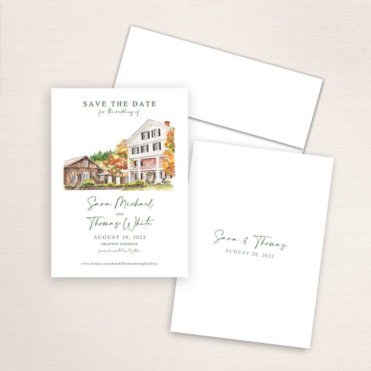 Custom watercolor Save the Date card featuring hand-painted illustration of Grafton Inn in Grafton, Vermont, personalized wedding stationery with elegant venue artwork.