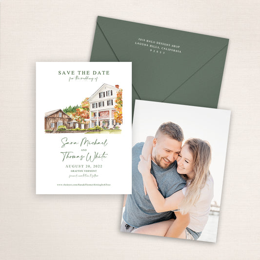 Custom watercolor Save the Date card featuring hand-painted illustration of Grafton Inn in Grafton, Vermont, personalized wedding stationery with elegant venue artwork with matching envelope.