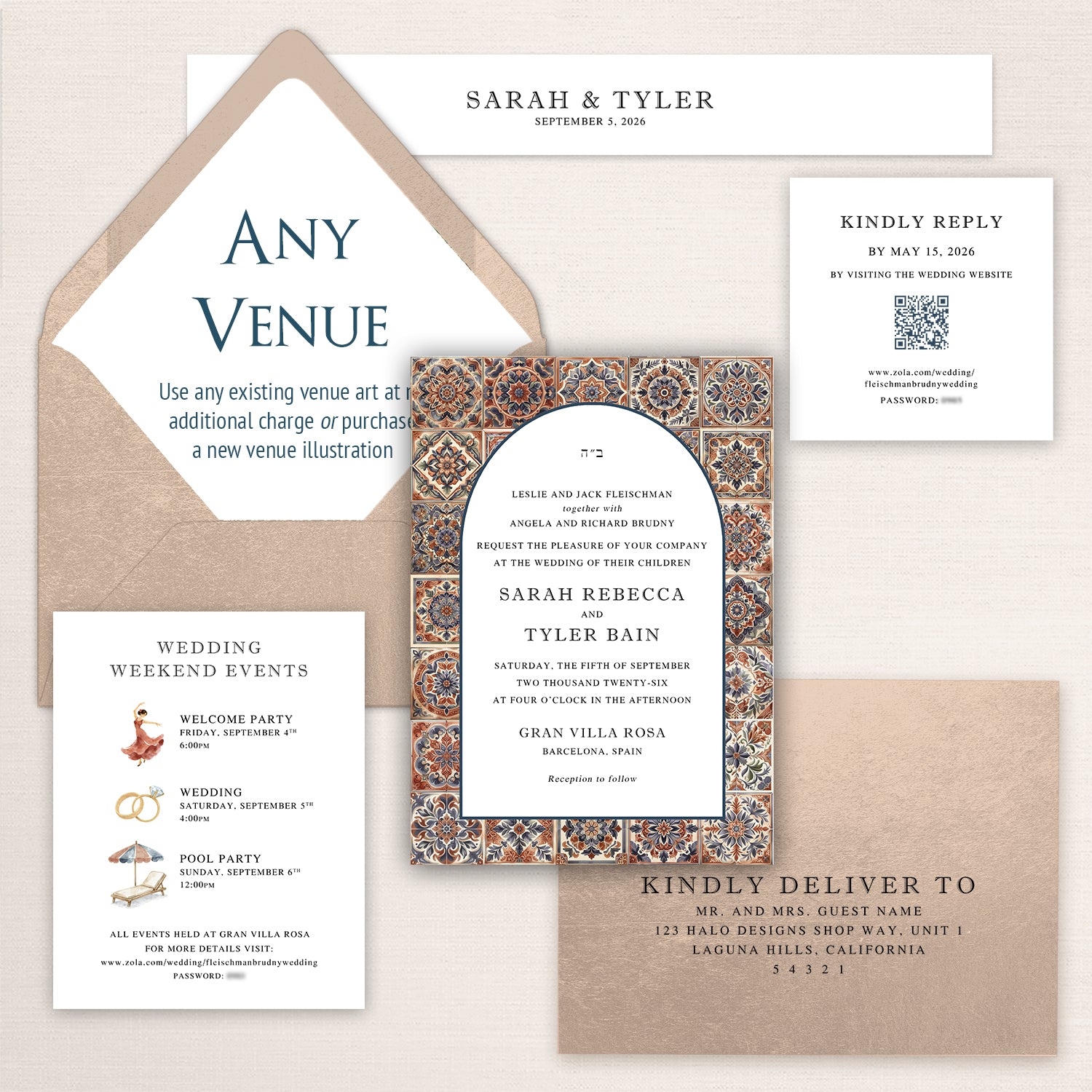 Elegant Spanish Tile wedding invitation suite featuring a neutral envelope with “Any Venue” placeholder liner design, Mediterranean tile border invitation with classic serif typography, wedding weekend events card with illustrated icons, minimalist RSVP card with QR code, and matching guest addressing envelope in warm neutral and navy tones inspired by Spanish architecture and coastal elegance.