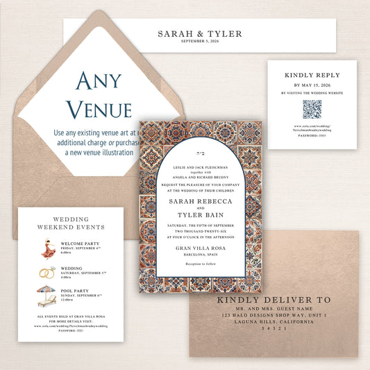 Elegant Spanish Tile wedding invitation suite featuring a neutral envelope with “Any Venue” placeholder liner design, Mediterranean tile border invitation with classic serif typography, wedding weekend events card with illustrated icons, minimalist RSVP card with QR code, and matching guest addressing envelope in warm neutral and navy tones inspired by Spanish architecture and coastal elegance.