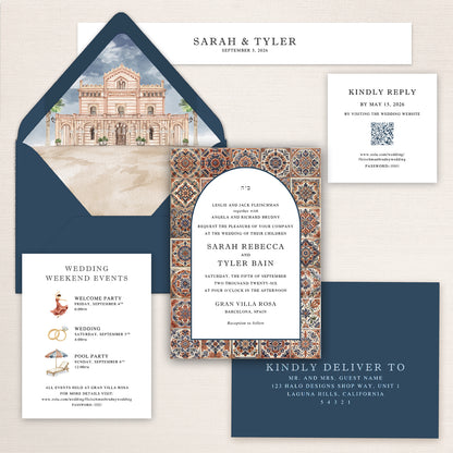 Refined Gran Villa Rosa wedding invitation suite featuring a navy blue envelope with watercolor venue liner illustration of Gran Villa Rosa in Barcelona, Spain, ornate Mediterranean tile border invitation with classic serif typography, wedding weekend events card with illustrated icons, minimalist RSVP card with QR code, and coordinating guest addressing envelope in navy, terracotta, cream, and warm neutral tones.