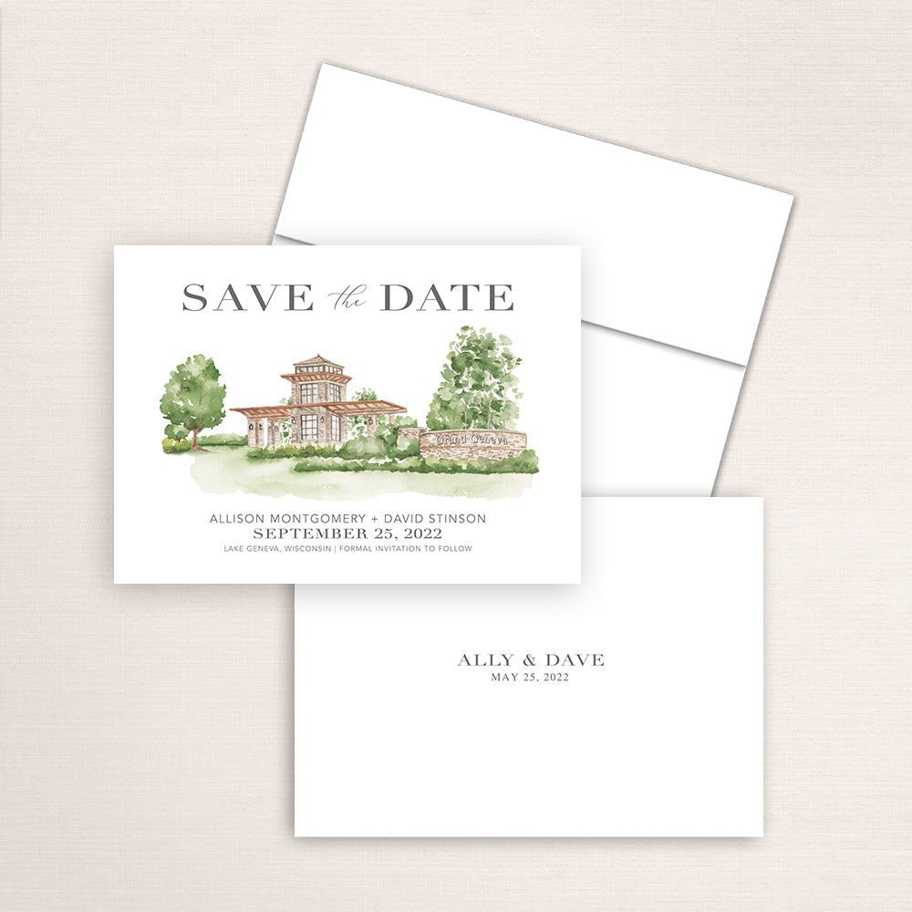 Custom watercolor Save the Date card featuring hand-painted illustration of the Grand Geneva Resort in Lake Geneva, Wisconsin, personalized wedding stationery with elegant venue artwork.