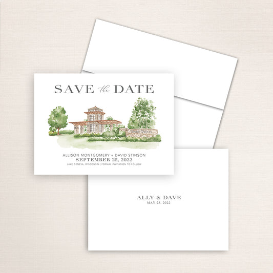 Custom watercolor Save the Date card featuring hand-painted illustration of the Grand Geneva Resort in Lake Geneva, Wisconsin, personalized wedding stationery with elegant venue artwork.