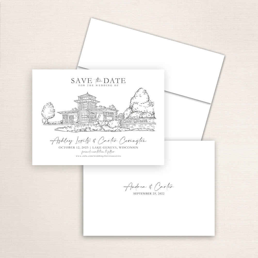 Custom Sketch Save the Date card featuring hand-drawn illustration of the Grand Geneva Resort in Lake Geneva, Wisconsin, personalized wedding stationery with elegant venue artwork.