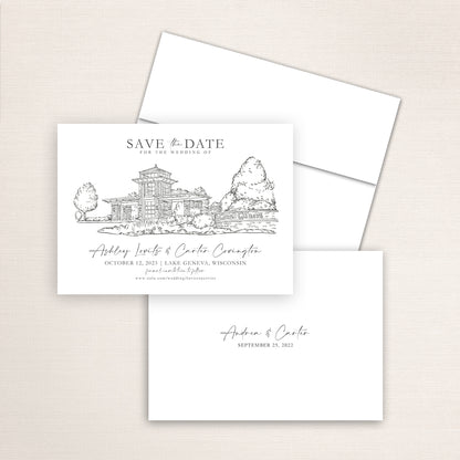 Custom Sketch Save the Date card featuring hand-drawn illustration of the Grand Geneva Resort in Lake Geneva, Wisconsin, personalized wedding stationery with elegant venue artwork.