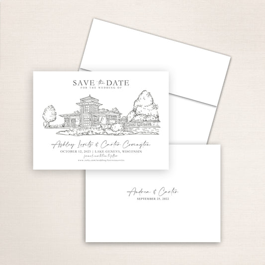 Custom Sketch Save the Date card featuring hand-drawn illustration of the Grand Geneva Resort in Lake Geneva, Wisconsin, personalized wedding stationery with elegant venue artwork.