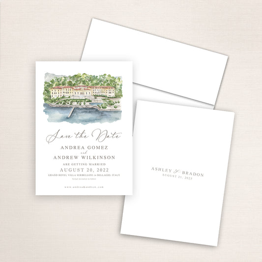 Custom watercolor Save the Date card featuring hand-painted illustration of the Grand Hotel Villa Serbelloni in Bellagio, Italy, personalized wedding stationery with elegant venue artwork with matching envelope.