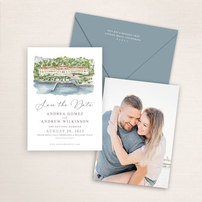 Custom watercolor Save the Date card featuring hand-painted illustration of the Grand Hotel Villa Serbelloni in Bellagio, Italy, personalized wedding stationery with elegant venue artwork.