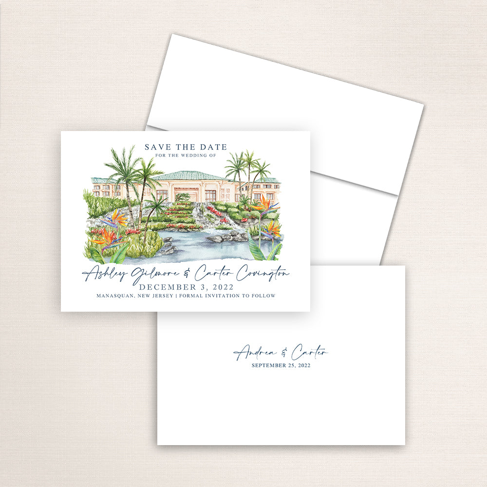 Custom watercolor Save the Date card featuring hand-painted illustration of the Grand Hyatt in Kauai, Hawaii, personalized wedding stationery with elegant venue artwork.