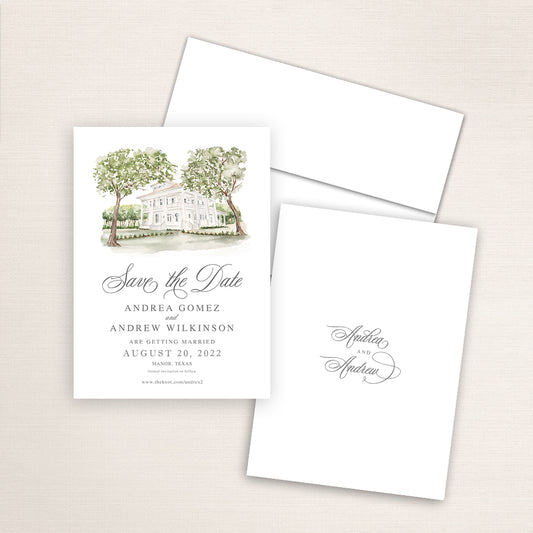 Custom watercolor Save the Date card featuring hand-painted venue illustration of The Grand Lady in Manor, Texas, personalized wedding stationery with elegant venue artwork.