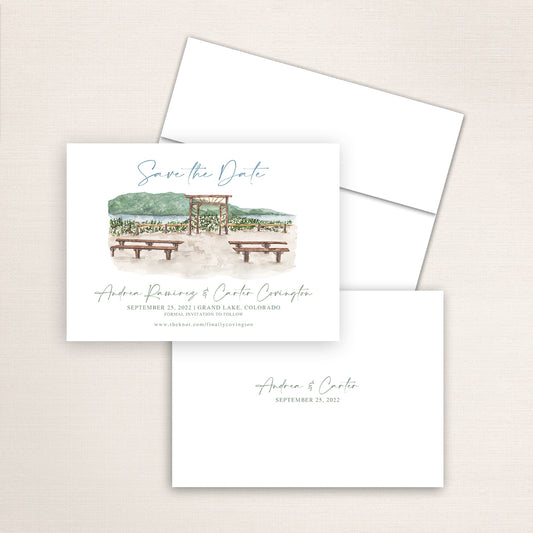 Custom watercolor Save the Date card featuring hand-painted illustration of Grand Lake Lodge in Grand Lake, Colorado, personalized wedding stationery with elegant venue artwork.
