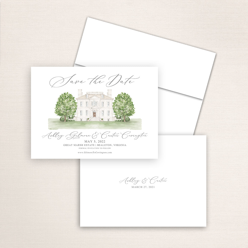 Custom watercolor Save the Date card featuring hand-painted illustration of Great Marsh Estate in Bealeton, Virginia, personalized wedding stationery with elegant venue artwork.
