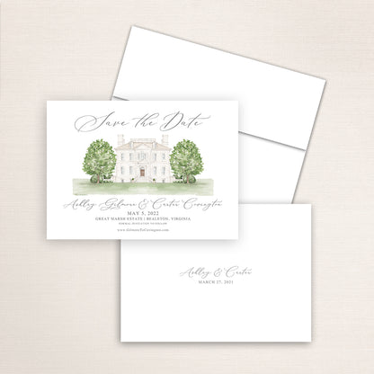 Custom watercolor Save the Date card featuring hand-painted illustration of Great Marsh Estate in Bealeton, Virginia, personalized wedding stationery with elegant venue artwork.