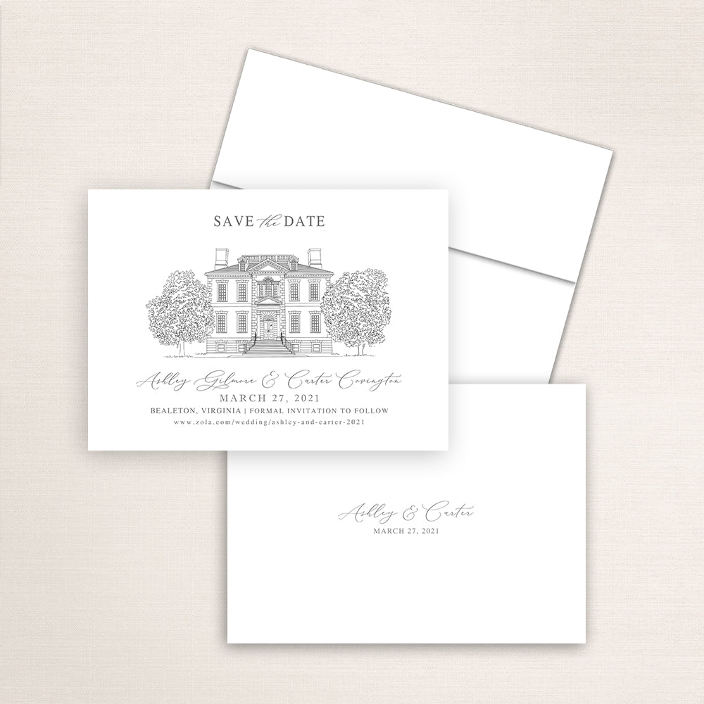 Custom Sketch Save the Date card featuring Hand-Drawn illustration of Great Marsh Estate in Bealeton, Virginia, personalized wedding stationery with elegant venue artwork.