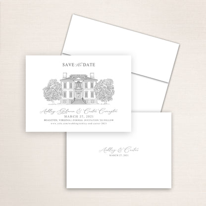 Custom Sketch Save the Date card featuring Hand-Drawn illustration of Great Marsh Estate in Bealeton, Virginia, personalized wedding stationery with elegant venue artwork.