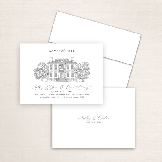 Custom Sketch Save the Date card featuring Hand-Drawn illustration of Great Marsh Estate in Bealeton, Virginia, personalized wedding stationery with elegant venue artwork.