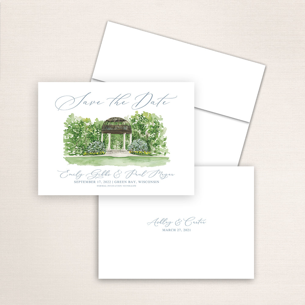 Custom watercolor Save the Date card featuring hand-painted illustration of the Botanical Gardens in Green Bay, Wisconsin, personalized wedding stationery with elegant venue artwork.