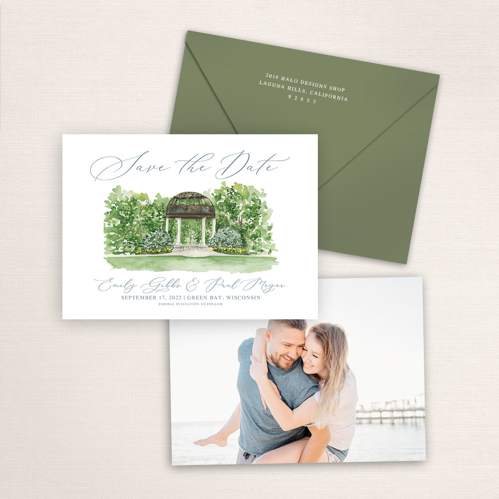 Custom watercolor Save the Date card featuring hand-painted illustration of the Botanical Gardens in Green Bay, Wisconsin, personalized wedding stationery with elegant venue artwork with matching envelope.