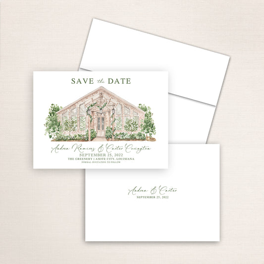 Custom watercolor Save the Date card featuring hand-painted venue illustration of The Greenery in Amite City, Louisiana, personalized wedding stationery with elegant venue artwork. 