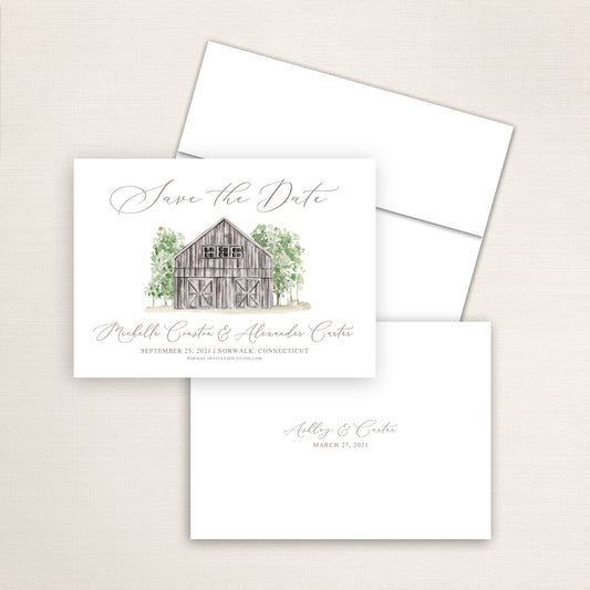 Custom watercolor Save the Date card featuring hand-painted illustration of the Grey Barns in Norwalk, Connecticut, personalized wedding stationery with elegant venue artwork.