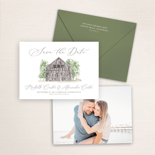 Custom watercolor Save the Date card featuring hand-painted illustration of the Grey Barns in Norwalk, Connecticut, personalized wedding stationery with elegant venue artwork with matching envelope.