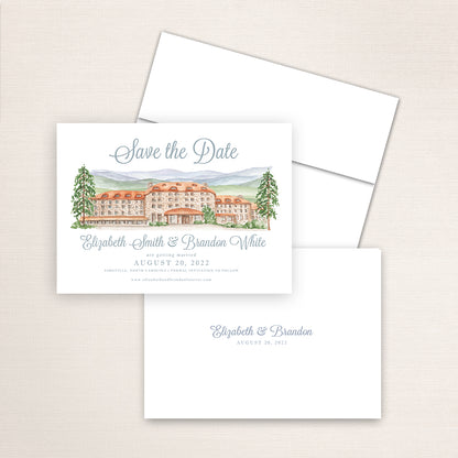 Custom watercolor Save the Date card featuring hand-painted venue illustration of Omni Bedford Springs in Bedford, Pennsylvania, personalized wedding stationery with elegant venue artwork. 