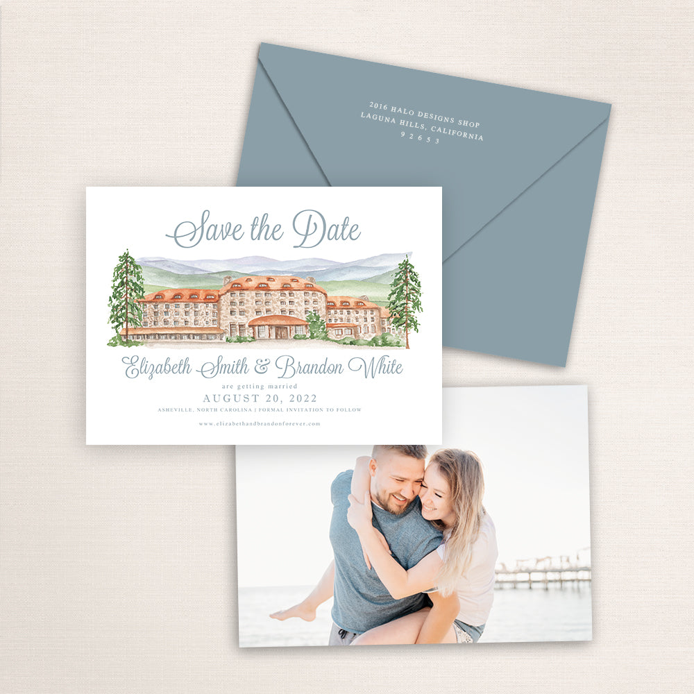 Custom watercolor Save the Date card featuring hand-painted venue illustration of Omni Bedford Springs in Bedford, Pennsylvania, personalized wedding stationery with elegant venue artwork. 
