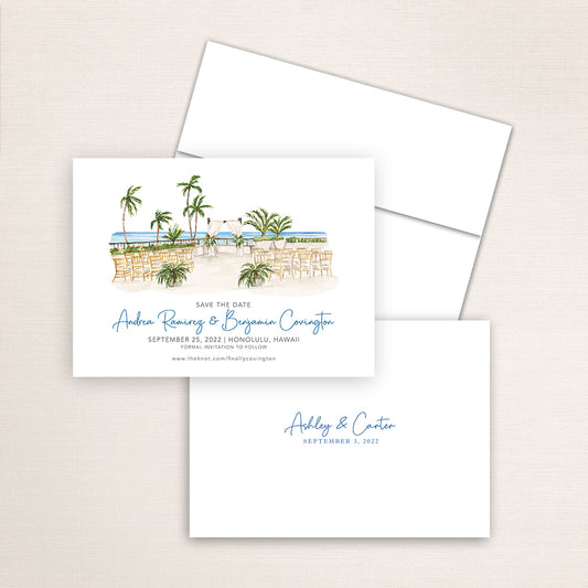 Custom watercolor Save the Date card featuring hand-painted illustration of Halekulani Hotel in Honolulu, Hawaii, personalized wedding stationery with elegant venue artwork.