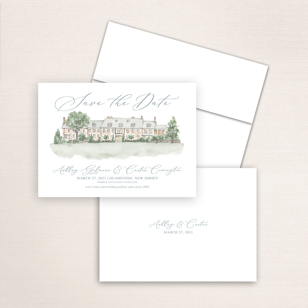 Custom watercolor Save the Date card featuring hand-painted illustration of the Hamilton Farm Golf Club in Gladstone, New Jersey, personalized wedding stationery with elegant venue artwork.